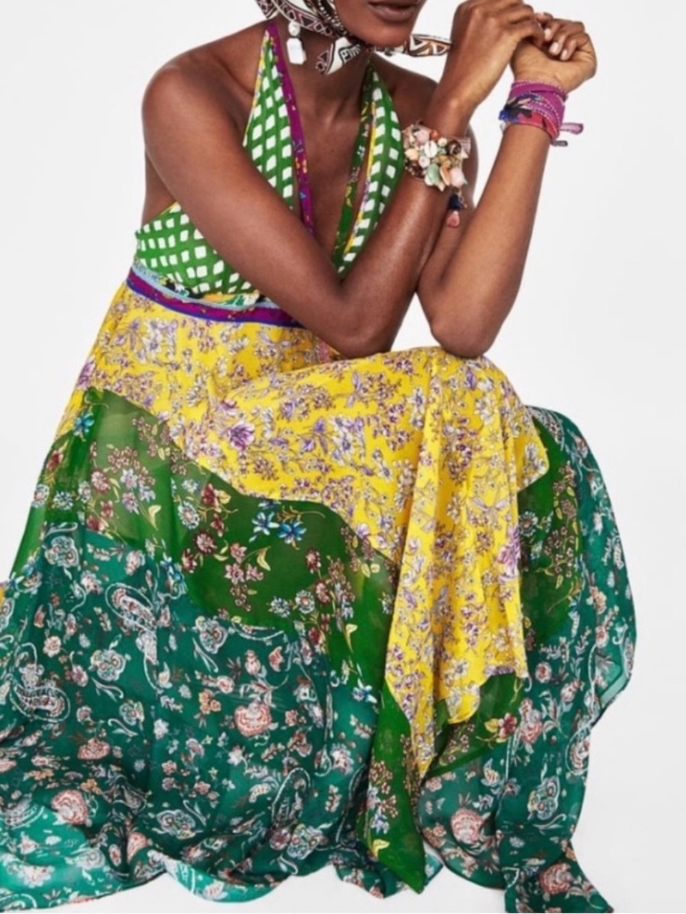 ZARA Asymmetrical Patchwork Green Boho Bloggers Favorite Halter Dress - Picture 4 of 8